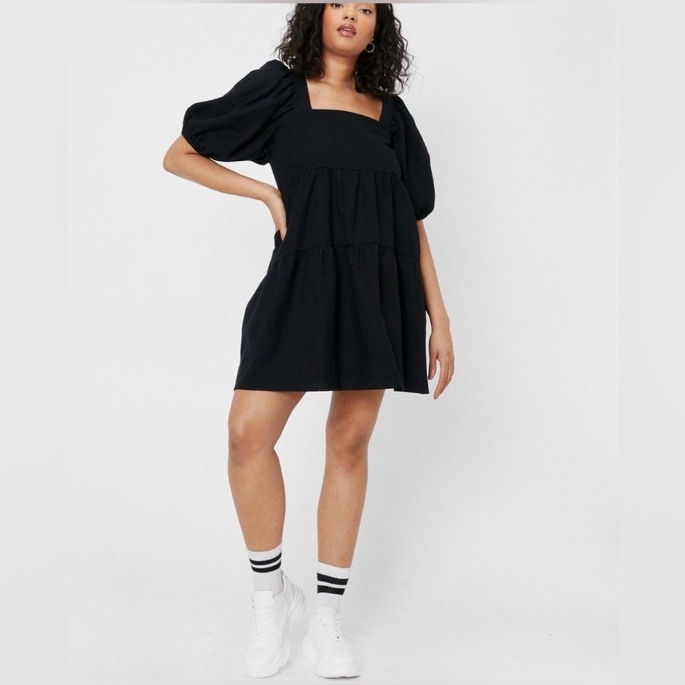 Shine Star Black Puff Sleeve Babydoll Mini Dress | Square Neck Boho Cottagecore - Picture 3 of 12